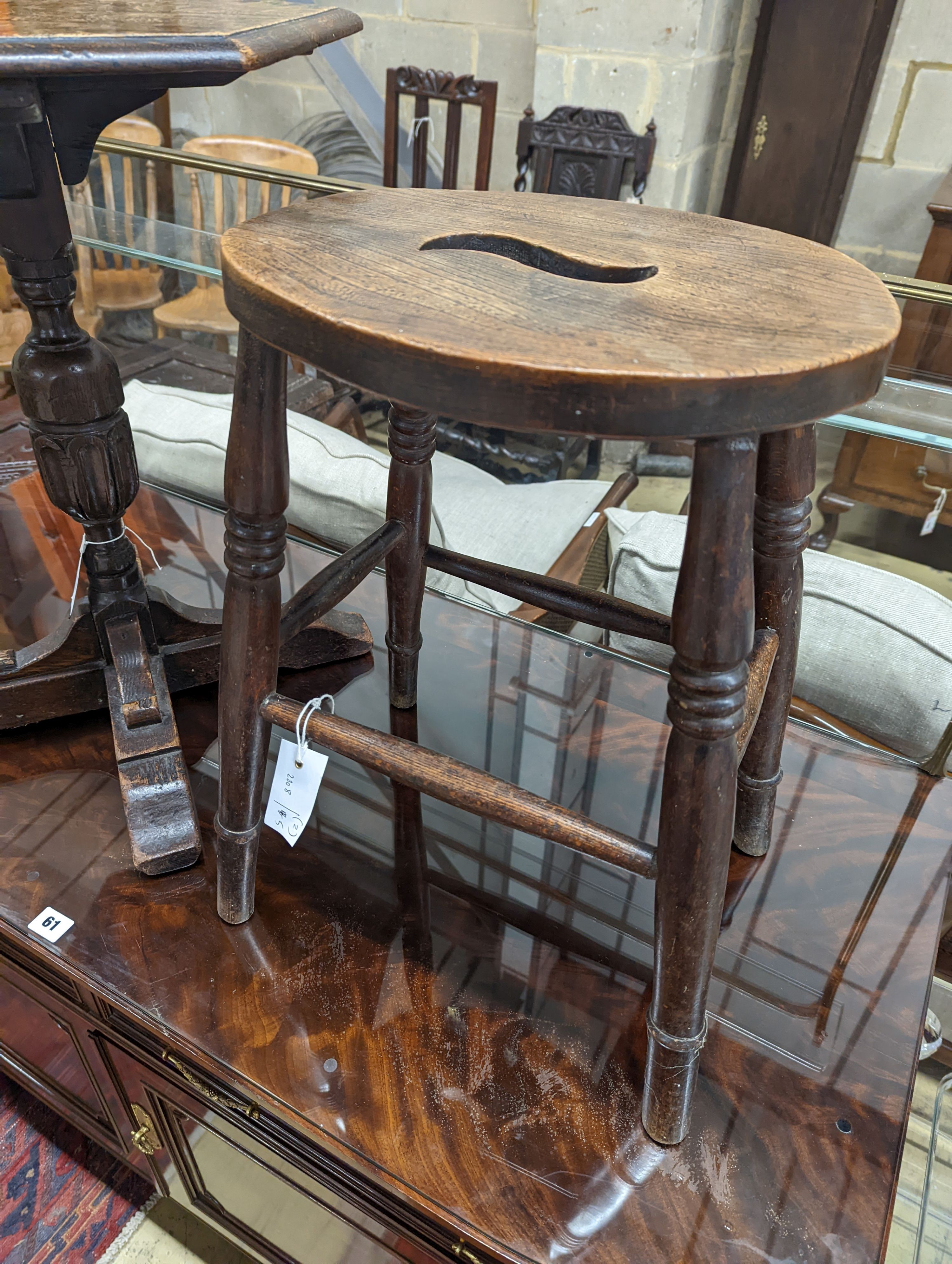 A Victorian elm stool together with an 18th century style hexagonal oak occasional table, table height 62cm